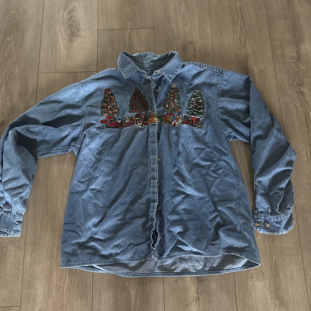 Cambridge Dry Goods Denim Christmas Button Down Shirt Women's XL Embroidered